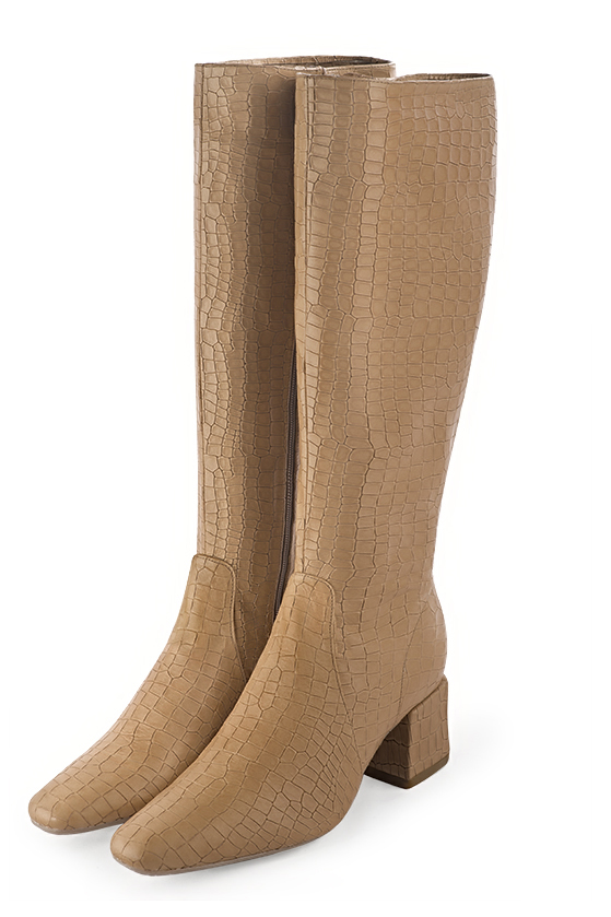 Camel beige women's feminine knee-high boots. Square toe. Medium block heels. Made to measure. Front view - Florence KOOIJMAN